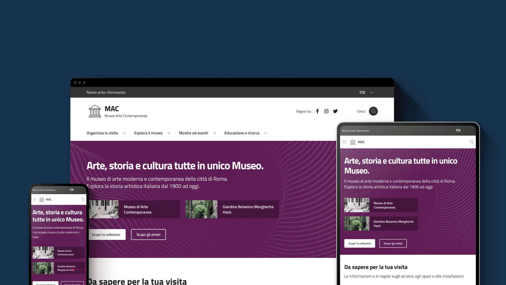 La home page del prototipo di sito informativo dei musei civici rappresentata su un computer, uno smartphone e un tablet.